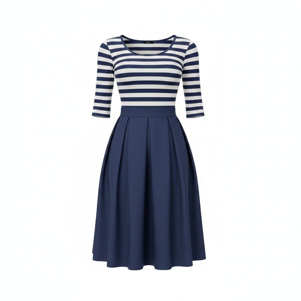 Miusol Womens Navy White Striped Pleated Fit and Flare Midi Dress Nautical Small